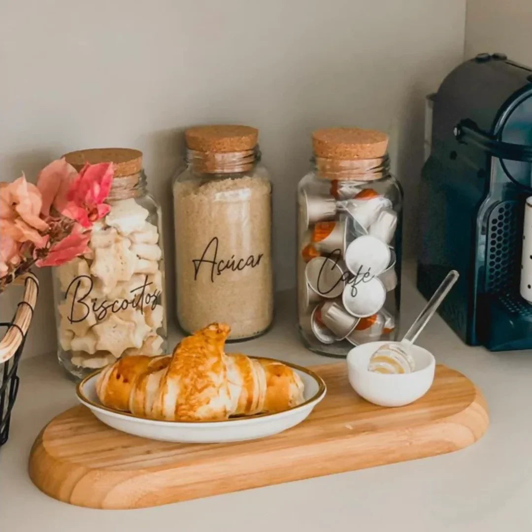 3 Potes de Vidro 810ml com Tampa de Rolha e Adesivos para Café, Açúcar e Biscoitos - Verona Decor - VERONA DECOR