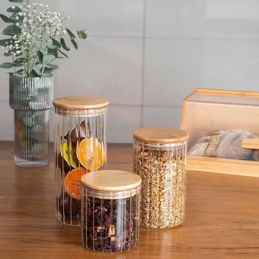 3 Potes De Vidro Canelado Hermético Com Tampa Bambu - Verona Decor - VERONA DECOR