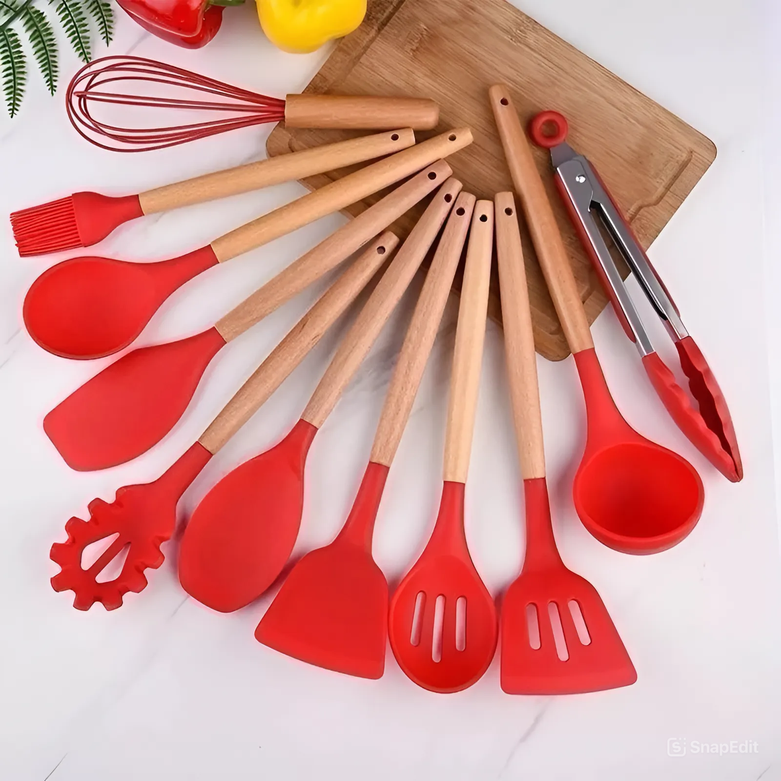 Jogo de Utensílios de Cozinha com 12 Peças em Silicone e Cabo de Madeira - Verona Decor - VERONA DECOR