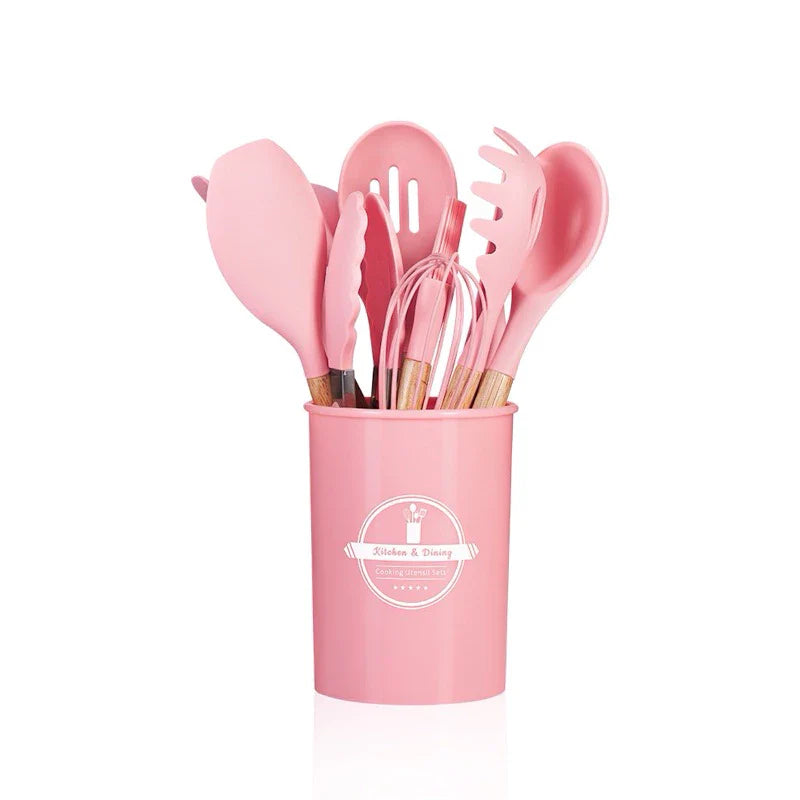 Jogo de Utensílios de Cozinha com 12 Peças em Silicone e Cabo de Madeira - Verona Decor - VERONA DECOR