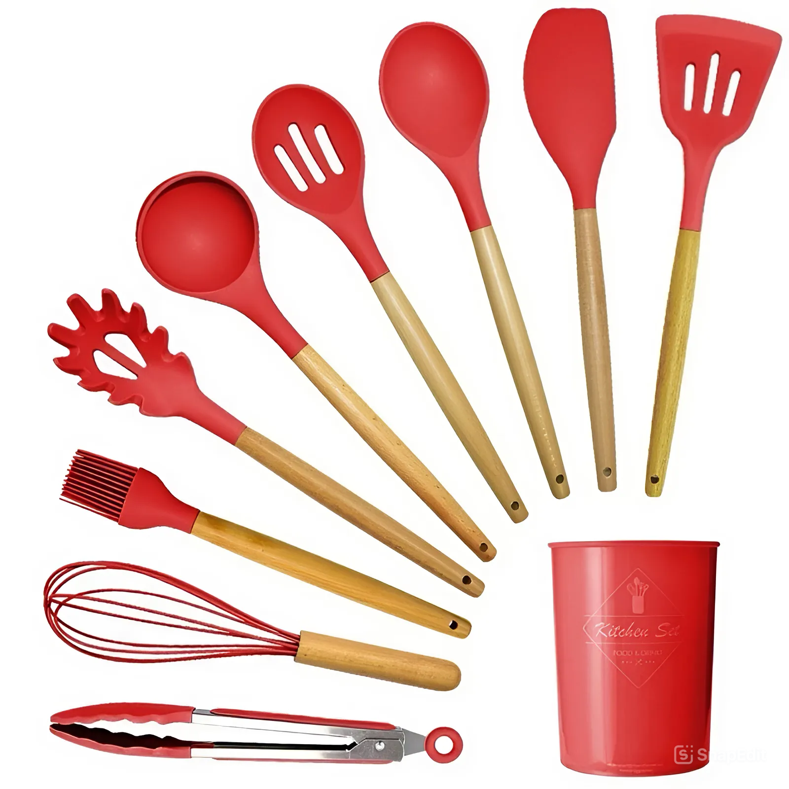 Jogo de Utensílios de Cozinha com 12 Peças em Silicone e Cabo de Madeira - Verona Decor - VERONA DECOR
