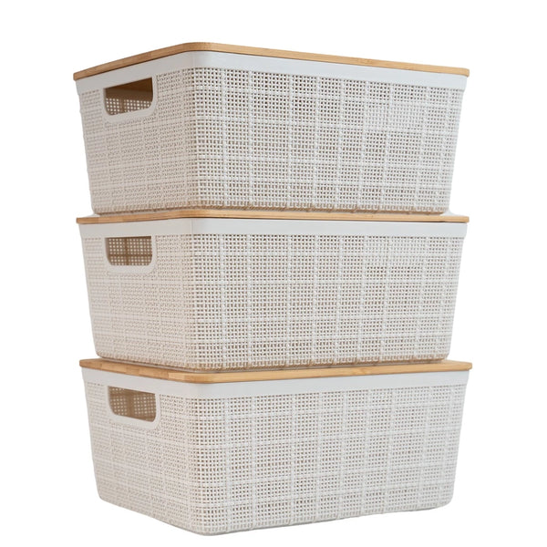Caixas Organizadoras com Tampa de Bambu Kit 3 Peças 4L Brancas - Verona Decor