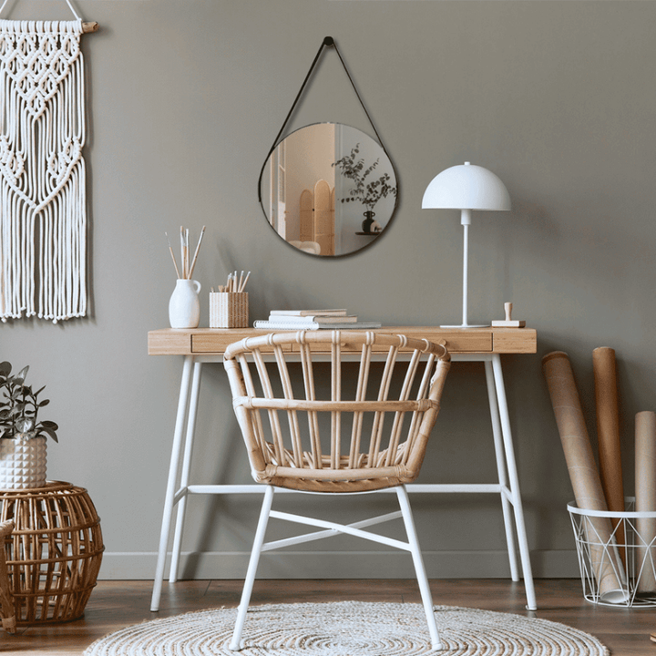 Espelho Redondo Adnet Couro Com Alça + Suporte 60cm - Verona Decor - VERONA DECOR