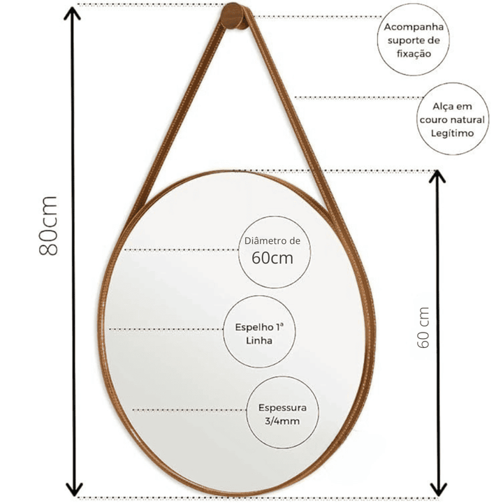 Espelho Redondo Adnet Couro Com Alça + Suporte 60cm - Verona Decor - VERONA DECOR