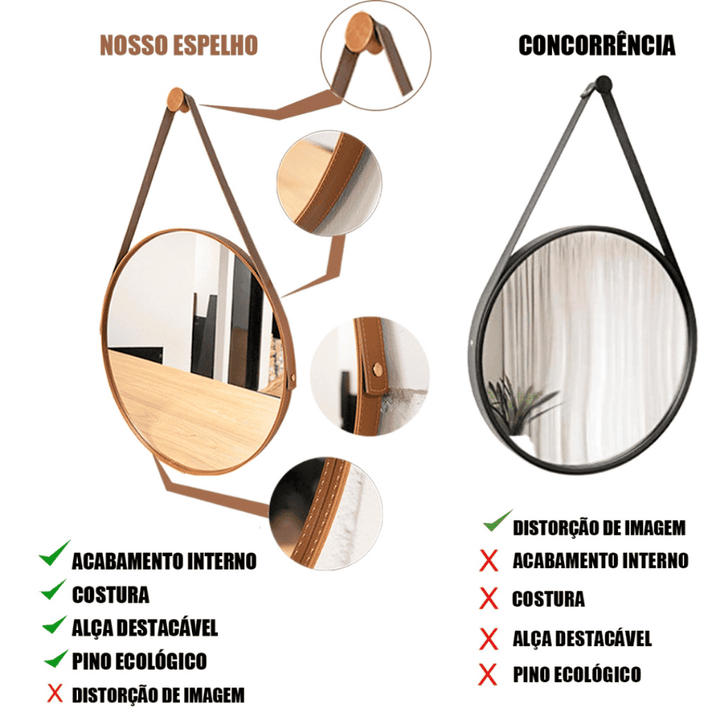 Espelho Redondo Adnet Couro Com Alça + Suporte 60cm - Verona Decor - VERONA DECOR