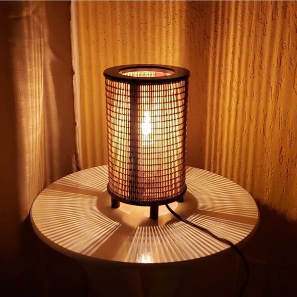 Abajur Luminária Cilindrico Cúpula Madeira E Fibra - VERONA DECOR