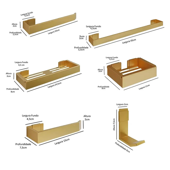 Kit De Acessórios Para Banheiro Dourado 6 Peças - Verona Decor - VERONA DECOR