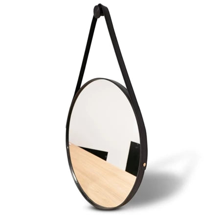 Espelho Redondo Adnet Couro Com Alça + Suporte 60cm - Verona Decor - VERONA DECOR