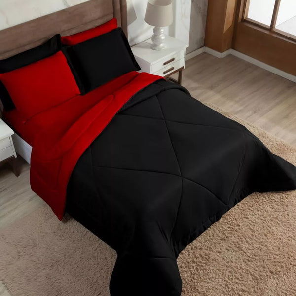 Jogo de Cama Queen Preto e Vermelho 6 Peças - Verona Decor