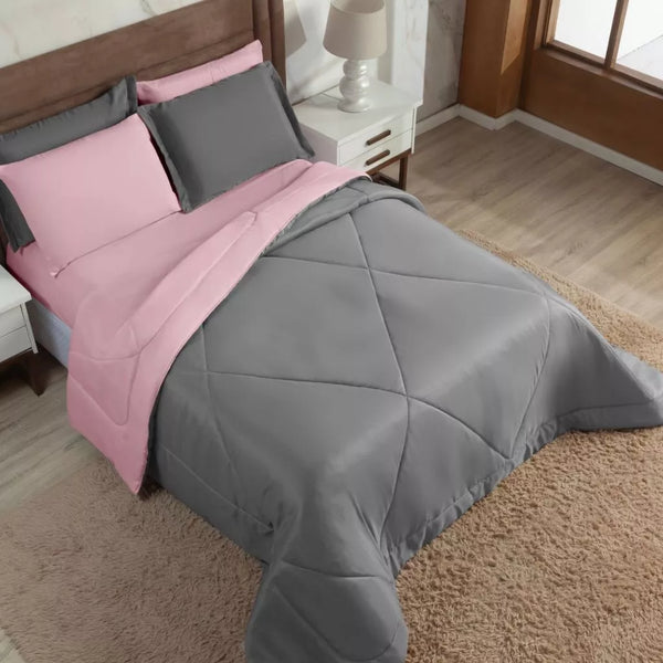 Jogo de Cama Queen Cinza e Rosa 6 Peças - Verona Decor