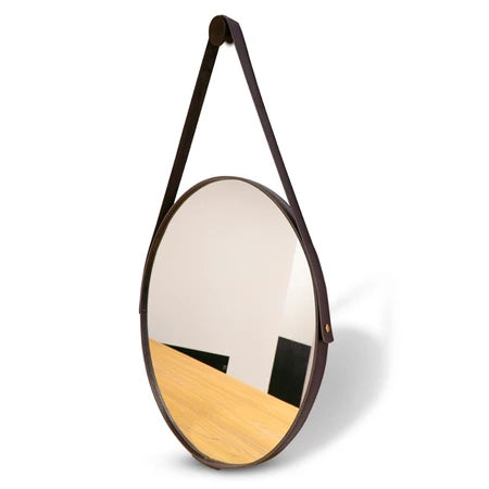 Espelho Redondo Adnet Couro Com Alça + Suporte 60cm - Verona Decor - VERONA DECOR