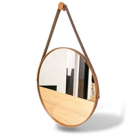 Espelho Redondo Adnet Couro Com Alça + Suporte 60cm - Verona Decor - VERONA DECOR