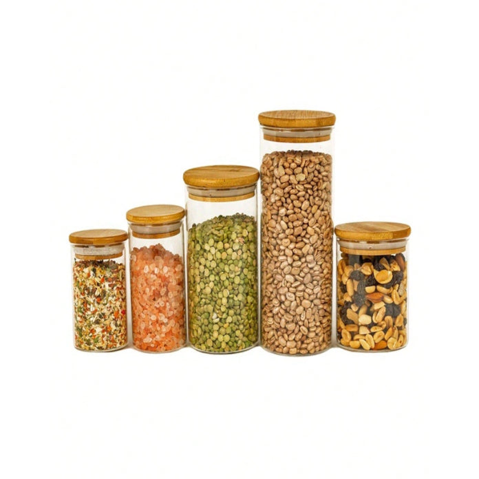 5 Potes De Vidro para Mantimentos com Tampa em Bambu - Verona Decor - VERONA DECOR