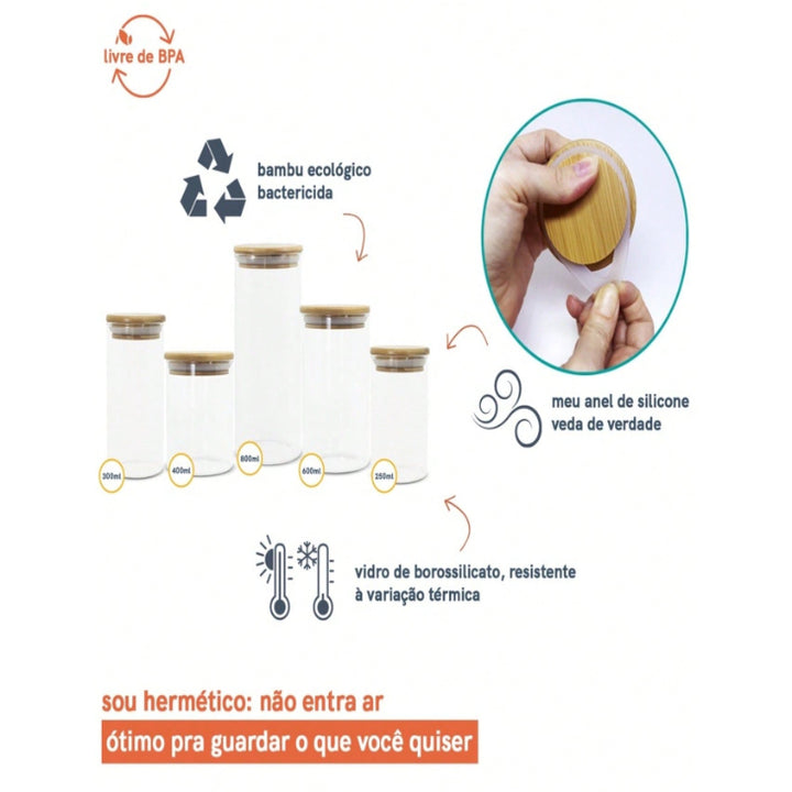 5 Potes De Vidro para Mantimentos com Tampa em Bambu - Verona Decor - VERONA DECOR