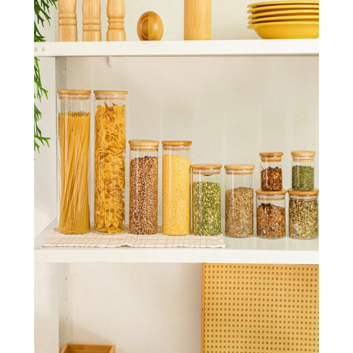 5 Potes De Vidro para Mantimentos com Tampa em Bambu - Verona Decor - VERONA DECOR