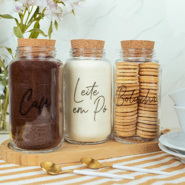 CoffeVibe: Kit Organizador de Vidro e Tampas de Cortiça-810ML - COMPRE E LEVE MAIS - Verona Decor - VERONA DECOR
