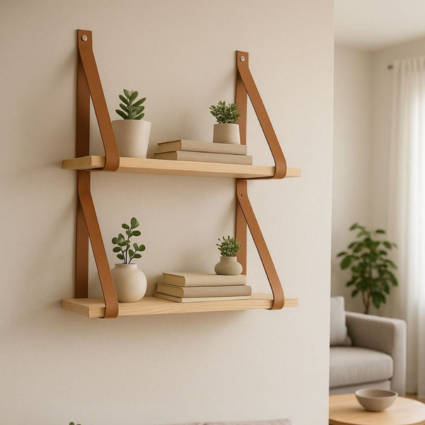 Prateleiras de Parede em Madeira com Alça de Couro - Verona Decor - VERONA DECOR
