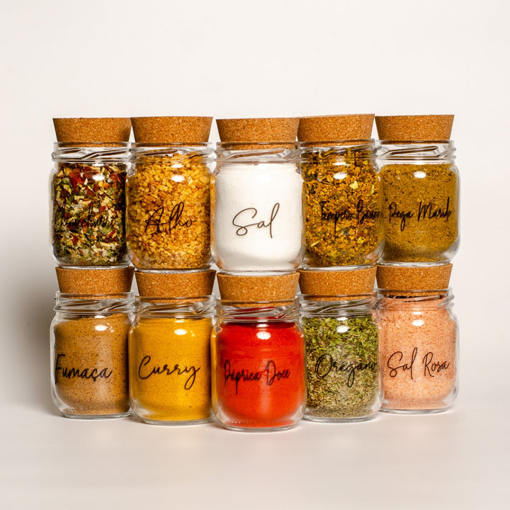 10 Potes de Vidro para Temperos 200ml + 42 Adesivos - Verona Decor - VERONA DECOR