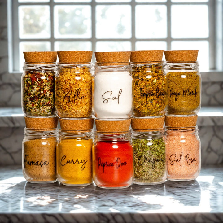 10 Potes de Vidro para Temperos 200ml + 42 Adesivos - Verona Decor - VERONA DECOR