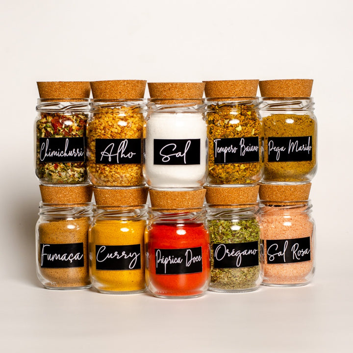 10 Potes de Vidro para Temperos 200ml + 42 Adesivos - Verona Decor - VERONA DECOR