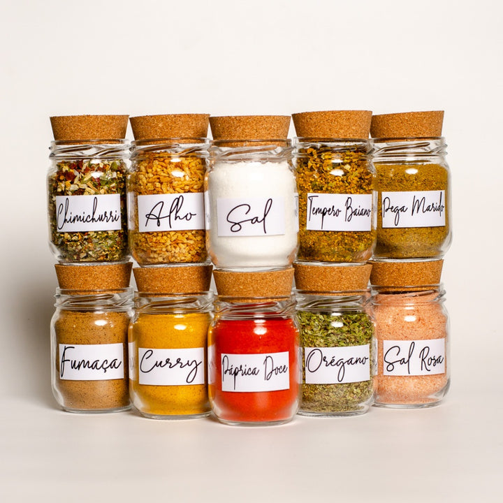 10 Potes de Vidro para Temperos 200ml + 42 Adesivos - Verona Decor - VERONA DECOR