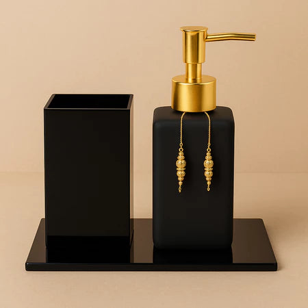 Porta Escova de Dente Preto Fosco e Dourado Lux Essence - Verona Decor