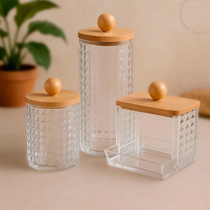 Kit Organizador 3 Peças com Tampa de Bambu – Porta Algodão, Cotonete e Multiuso - Verona Decor - VERONA DECOR