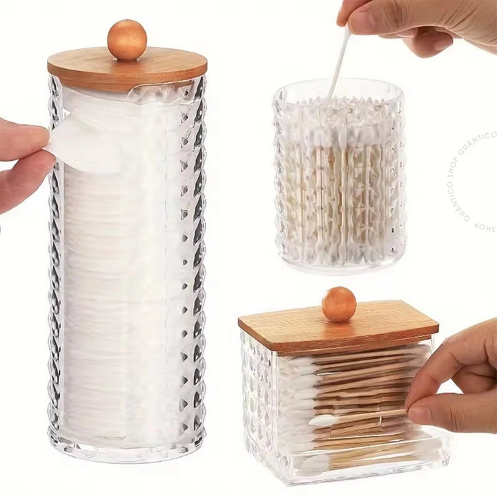 Kit Organizador 3 Peças com Tampa de Bambu – Porta Algodão, Cotonete e Multiuso - Verona Decor - VERONA DECOR