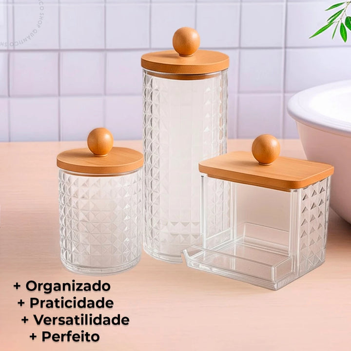 Kit Organizador 3 Peças com Tampa de Bambu – Porta Algodão, Cotonete e Multiuso - Verona Decor - VERONA DECOR