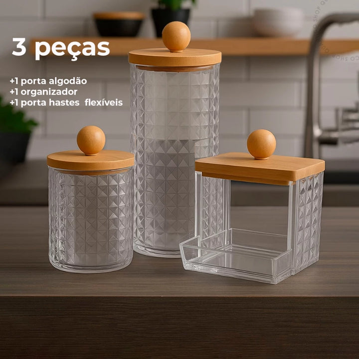 Kit Organizador 3 Peças com Tampa de Bambu – Porta Algodão, Cotonete e Multiuso - Verona Decor - VERONA DECOR