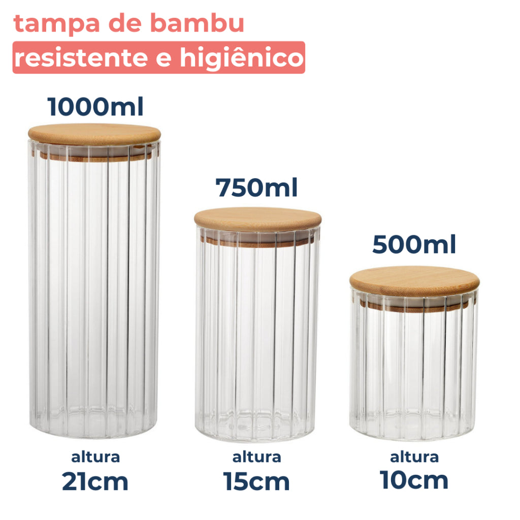 3 Potes De Vidro Canelado Hermético Com Tampa Bambu - Verona Decor - VERONA DECOR