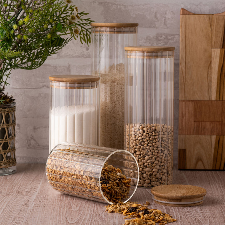 3 Potes De Vidro Canelado Hermético Com Tampa Bambu - Verona Decor - VERONA DECOR