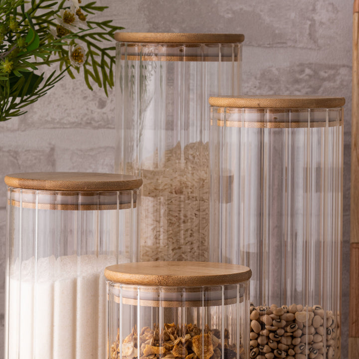 3 Potes De Vidro Canelado Hermético Com Tampa Bambu - Verona Decor - VERONA DECOR