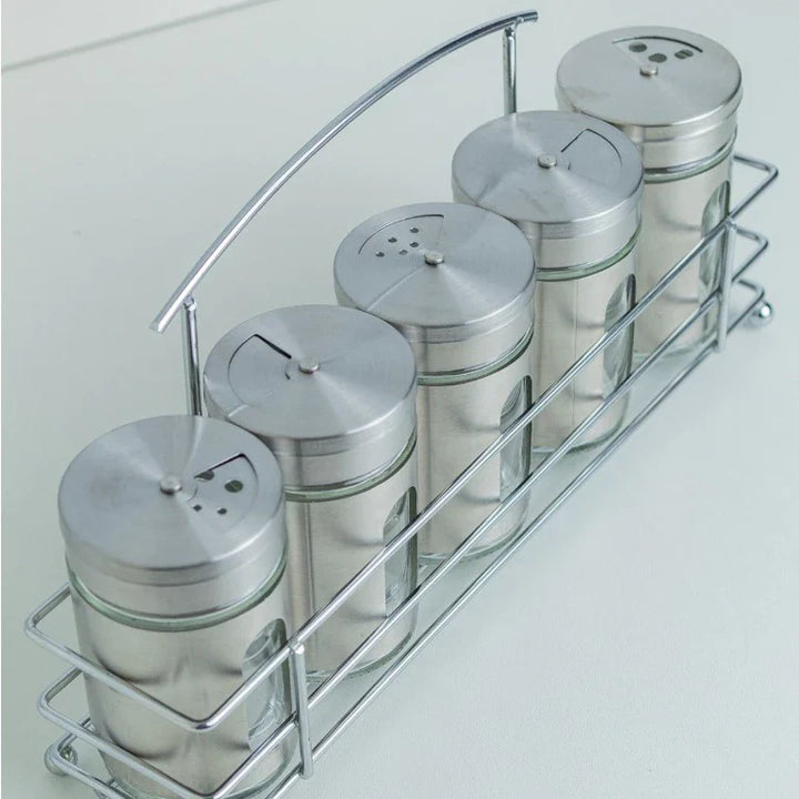Porta Condimentos Temperos Inox 5 Pçs Com Suporte inox - Verona Decor - VERONA DECOR