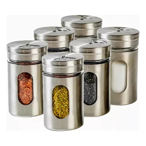 Kit 6 Porta Condimentos em Aço Inox e Vidro - Verona Decor - VERONA DECOR