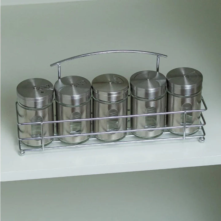 Porta Condimentos Temperos Inox 5 Pçs Com Suporte inox - Verona Decor - VERONA DECOR
