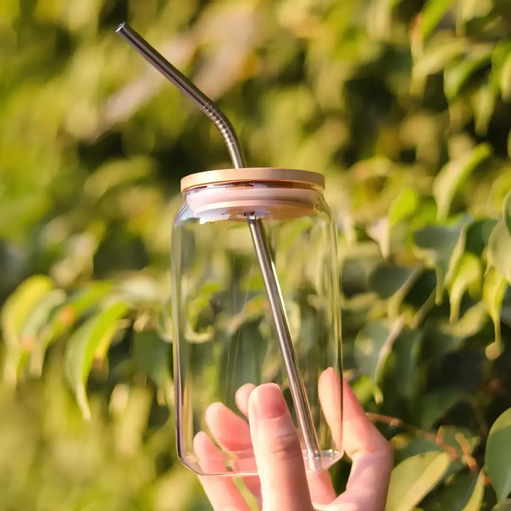 Copo de Vidro 500ml com Tampa de Bambu e Canudo Inox - Verona Decor - VERONA DECOR