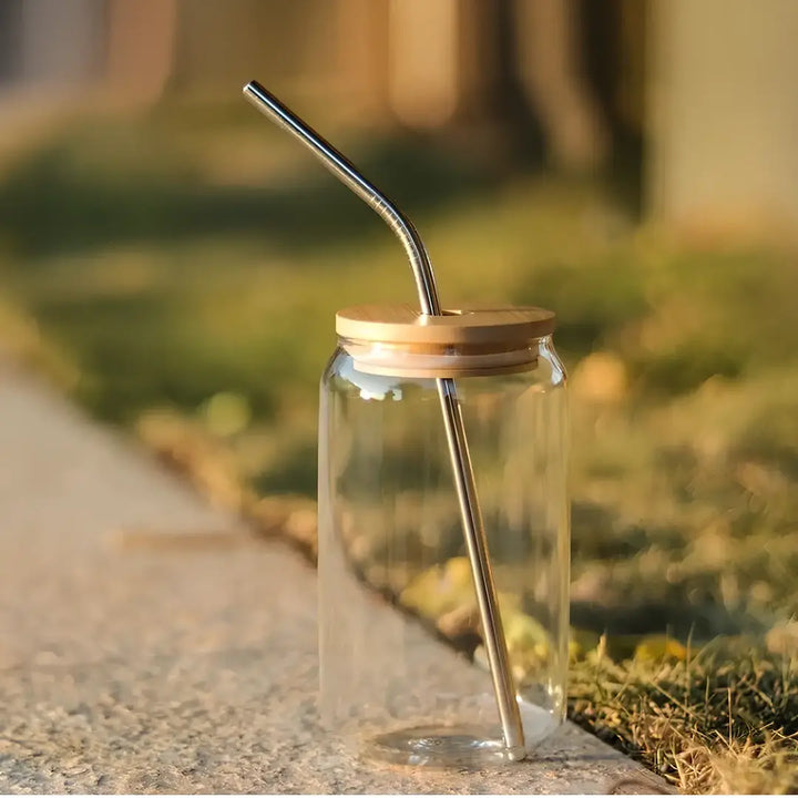 Copo de Vidro 500ml com Tampa de Bambu e Canudo Inox - Verona Decor - VERONA DECOR