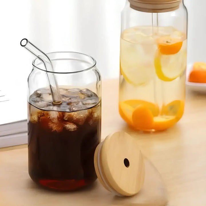 Copo de Vidro 500ml com Tampa de Bambu e Canudo Inox - Verona Decor - VERONA DECOR