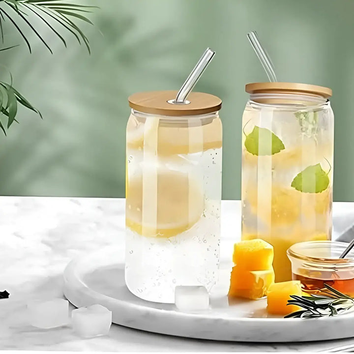 Copo de Vidro 500ml com Tampa de Bambu e Canudo Inox - Verona Decor - VERONA DECOR