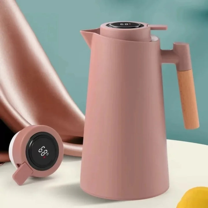 Garrafa Térmica Termometro Digital 1L Café Chá Com Cabo Madeira - Verona Decor - VERONA DECOR