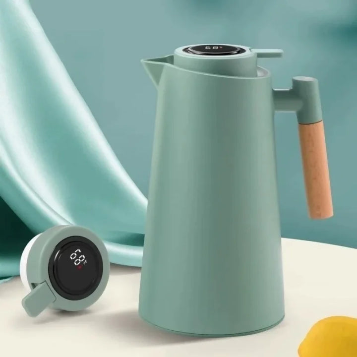 Garrafa Térmica Termometro Digital 1L Café Chá Com Cabo Madeira - Verona Decor - VERONA DECOR