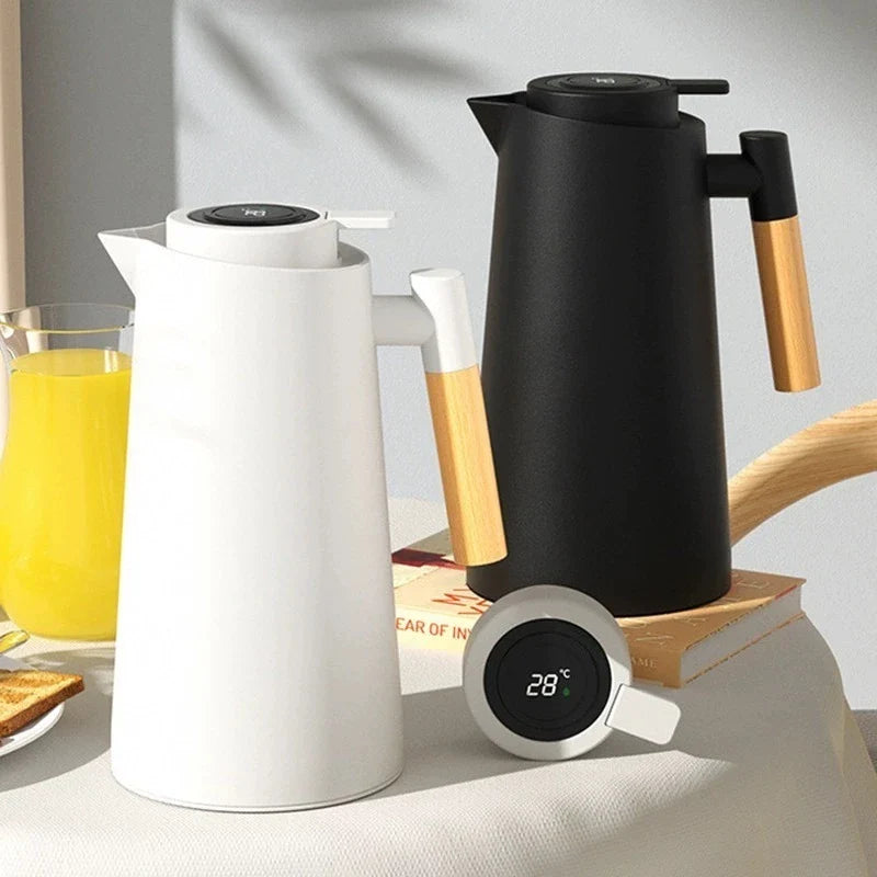 Garrafa Térmica Termometro Digital 1L Café Chá Com Cabo Madeira - Verona Decor - VERONA DECOR