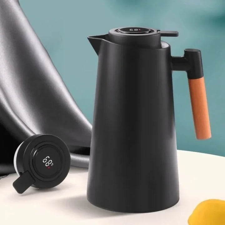 Garrafa Térmica Termometro Digital 1L Café Chá Com Cabo Madeira - Verona Decor - VERONA DECOR