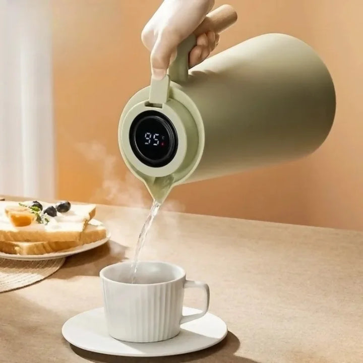 Garrafa Térmica Termometro Digital 1L Café Chá Com Cabo Madeira - Verona Decor - VERONA DECOR