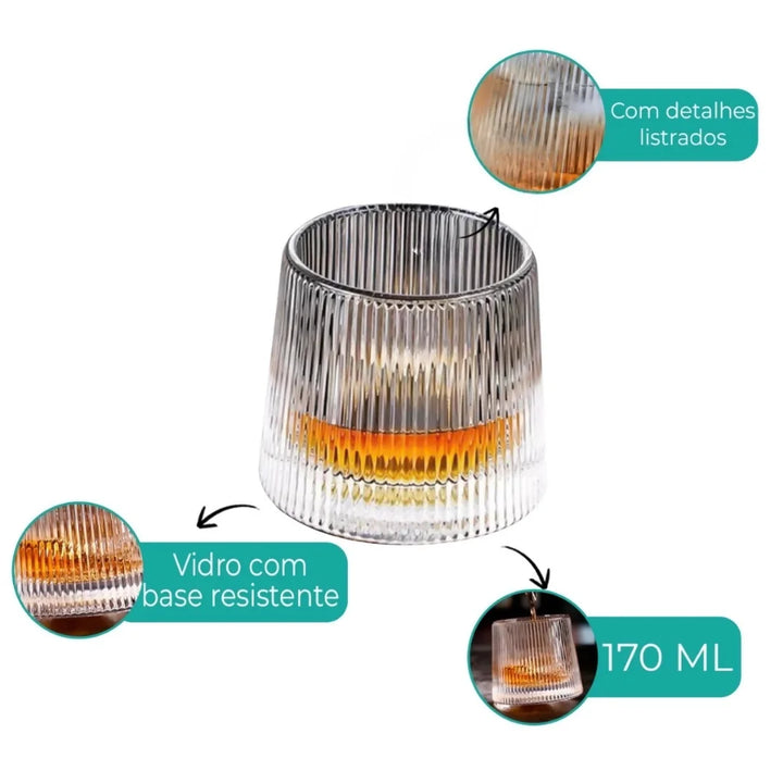 Jogo 6 Copos Whisky de Vidro Com Fundo Giratório Listrado 170ml - Verona Decor - VERONA DECOR