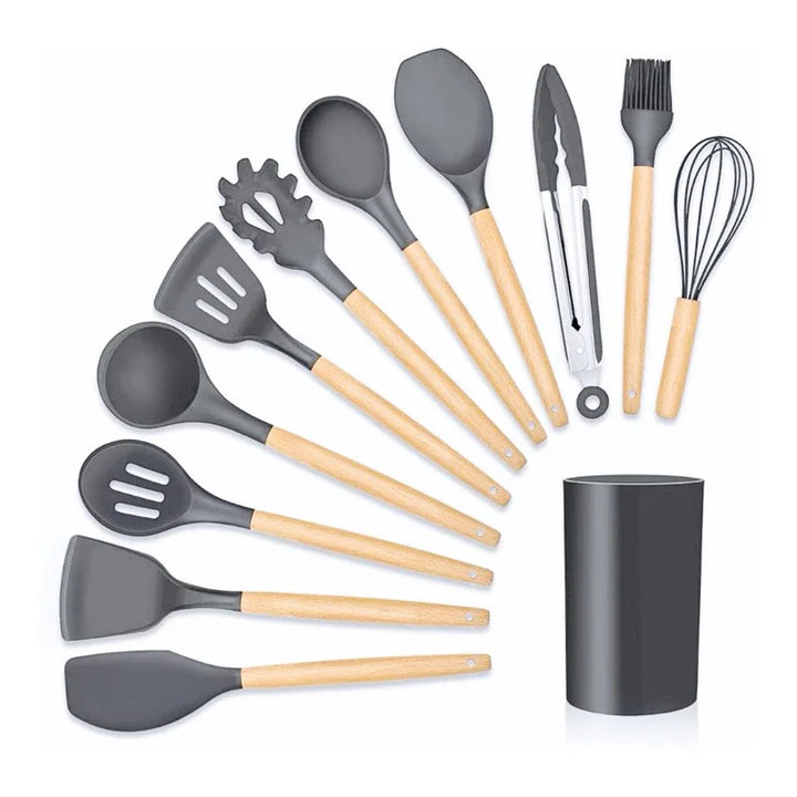 Jogo de Utensílios de Cozinha com 12 Peças em Silicone e Cabo de Madeira - Verona Decor - VERONA DECOR