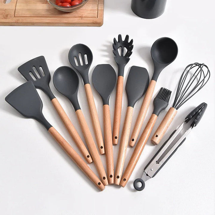 Jogo de Utensílios de Cozinha com 12 Peças em Silicone e Cabo de Madeira - Verona Decor - VERONA DECOR