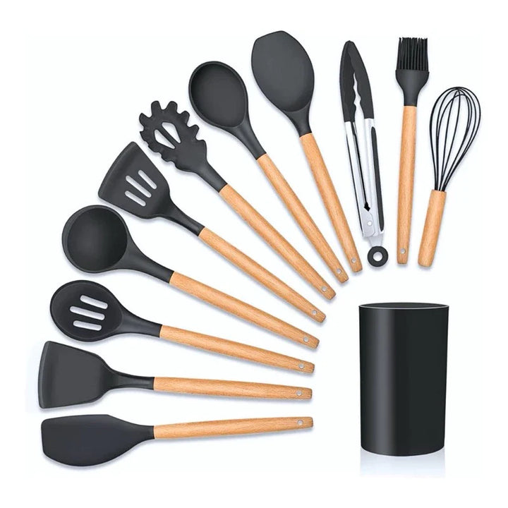 Jogo de Utensílios de Cozinha com 12 Peças em Silicone e Cabo de Madeira - Verona Decor - VERONA DECOR