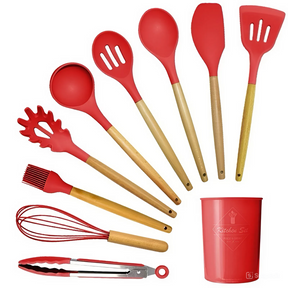 Jogo de Utensílios de Cozinha com 12 Peças em Silicone e Cabo de Madeira - Verona Decor - VERONA DECOR